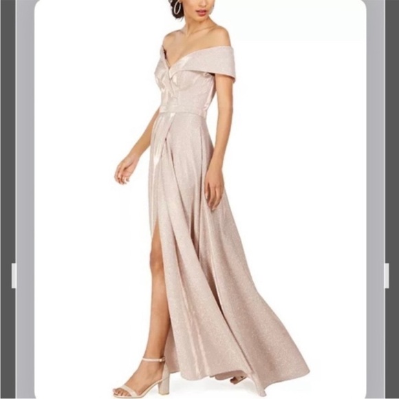 XSCAPE Off-The-Shoulder Shimmer Wrap Style Gown in Blush Pink/Silver Size 2 - Picture 3 of 9